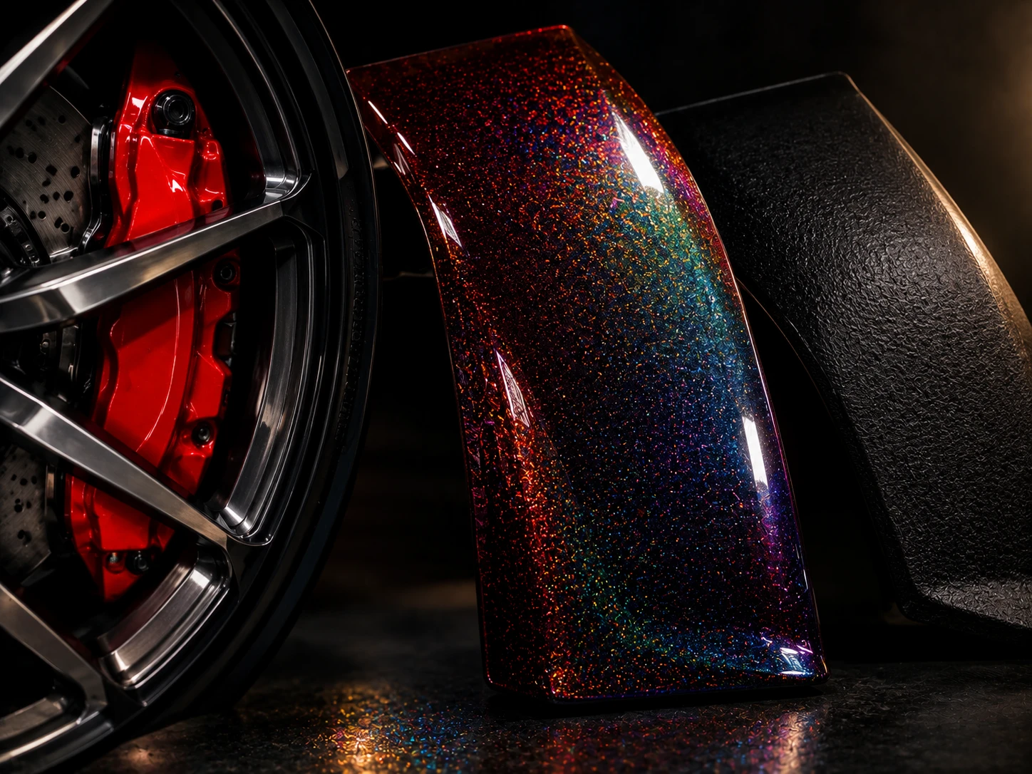 Étrier de frein rouge, aile à paillettes multicolores et finition vermiculée noire